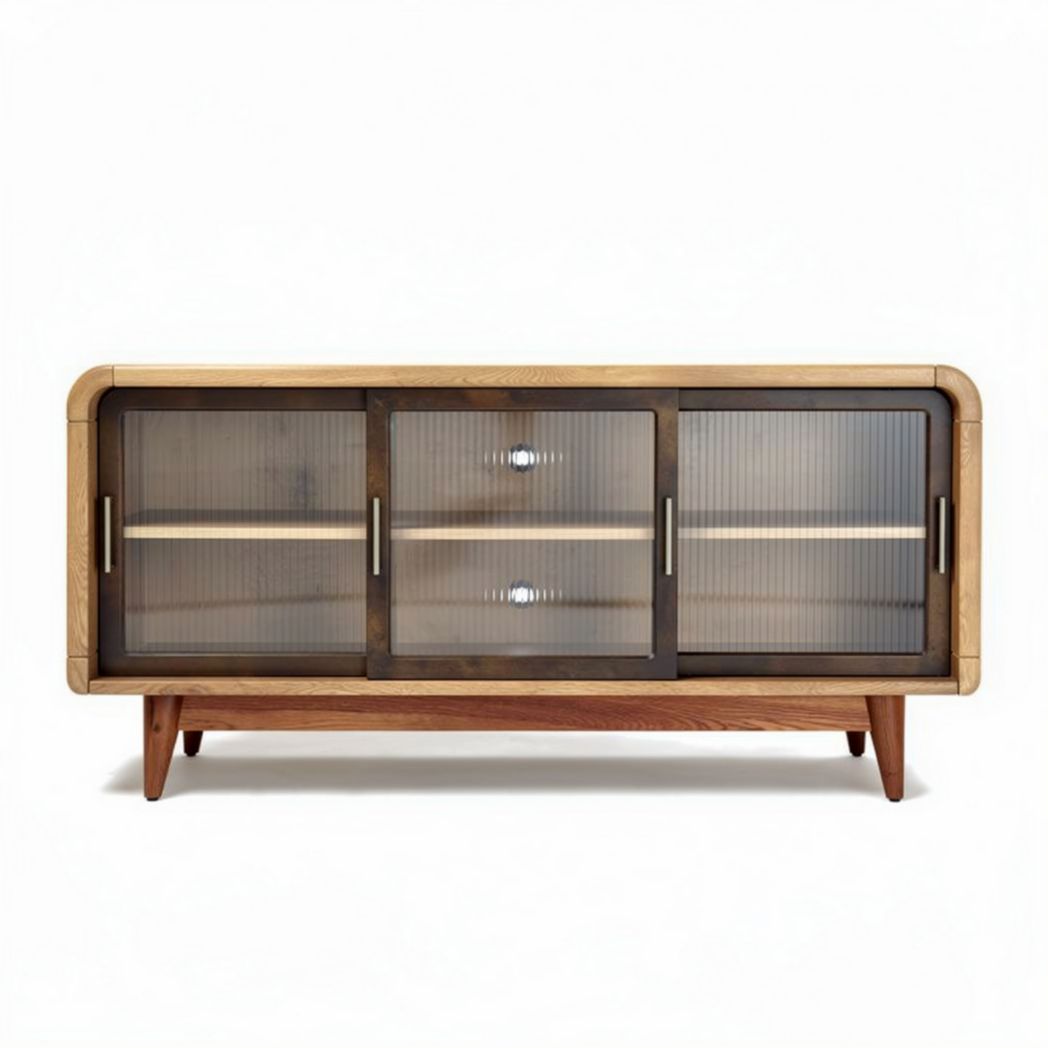 Wooden sideboard with glass doors and spacious storage 150 x 45 x 60cm