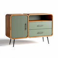 Wooden side cabinet with green accents two drawers and open shelf 80 x 40 x 70cm