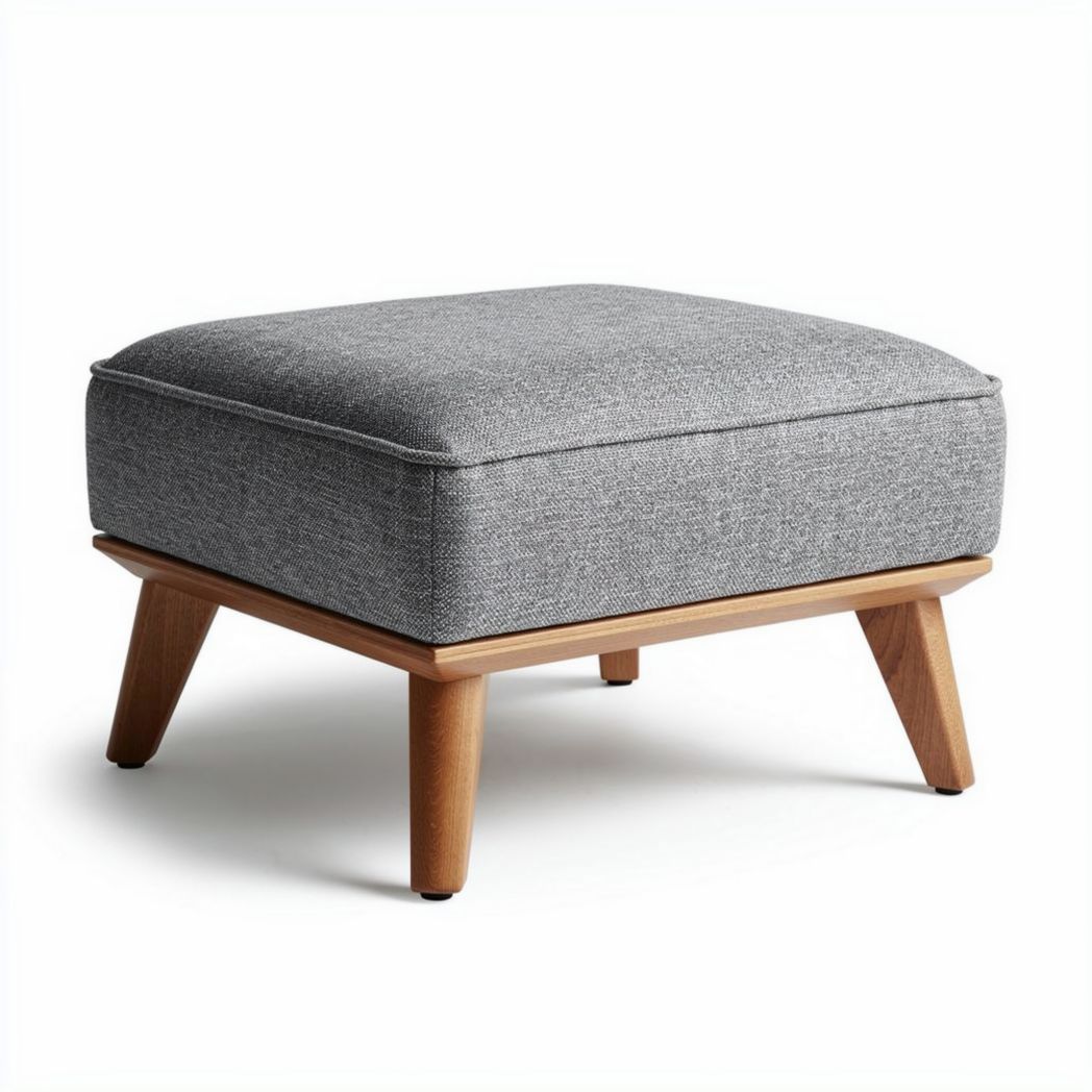 Gray upholstered ottoman with wooden legs 50 x 50 x 30cm for living room use