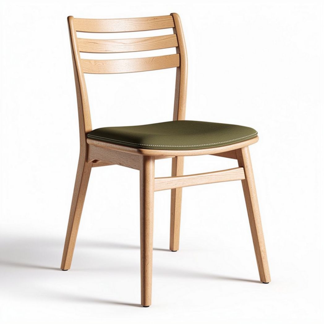 Wooden dining chair with green upholstered seat and slatted back 45 x 45 x 85cm