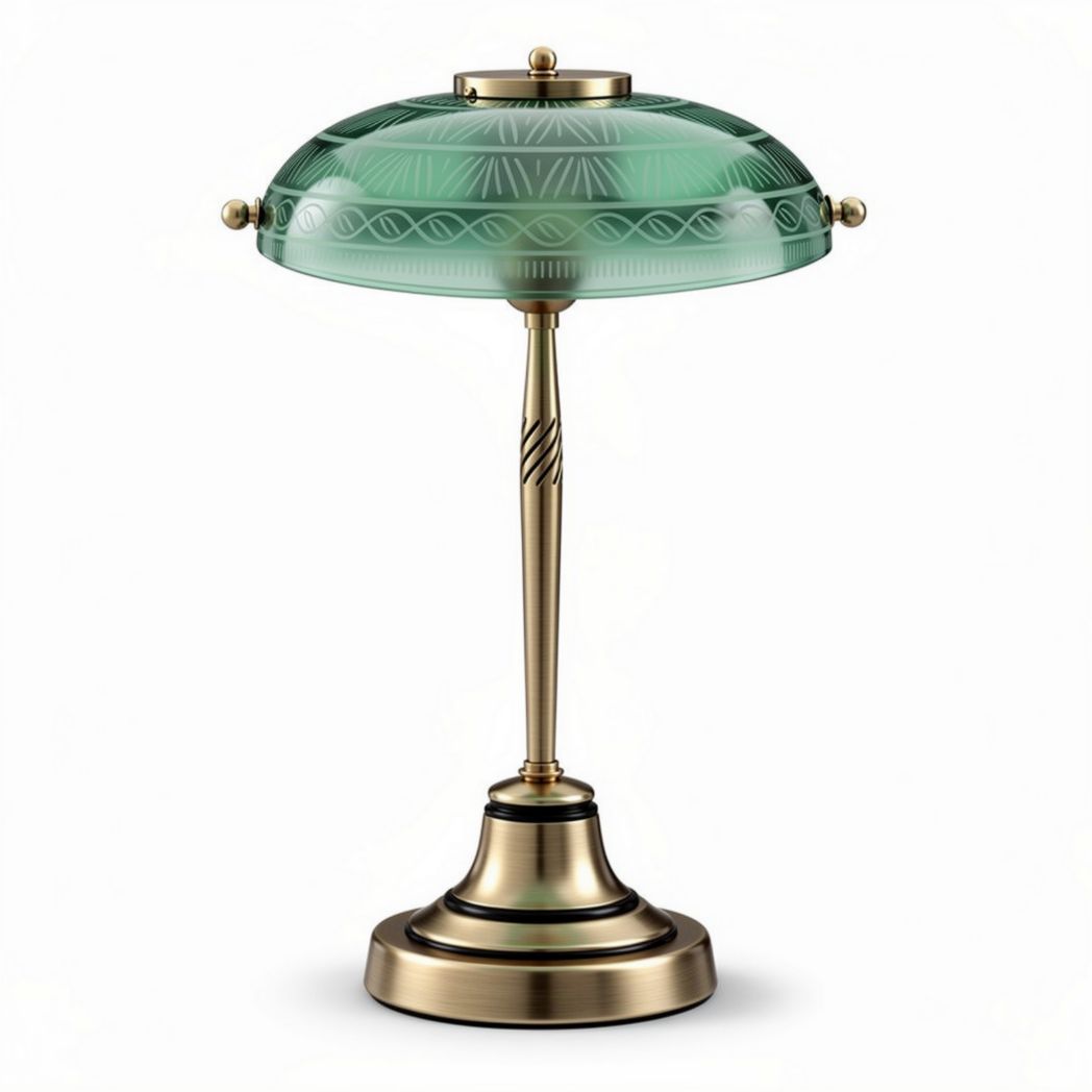 Green glass desk lamp with brushed brass base 30 x 30 x 45cm