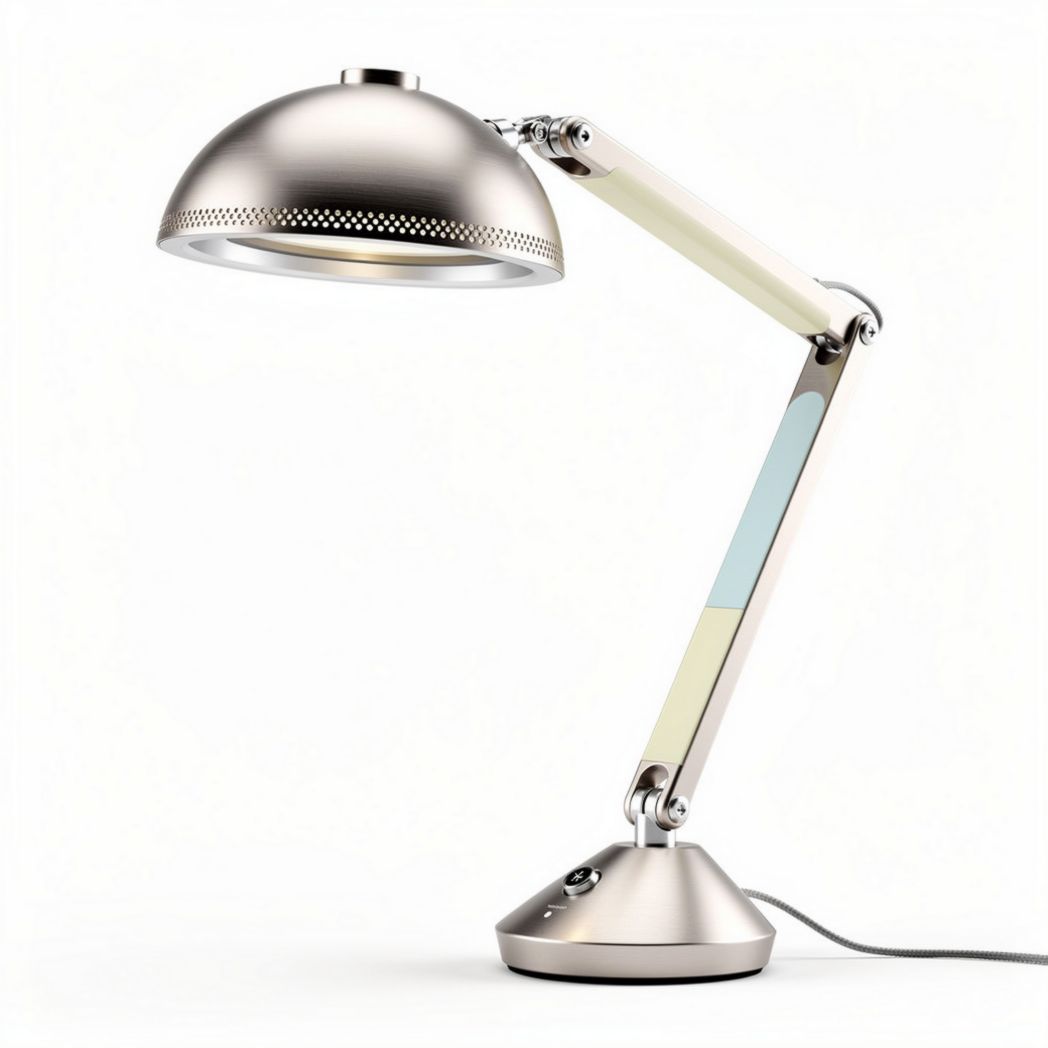 Adjustable metal desk lamp with colorful accents and 360-degree rotation
