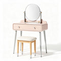 Pink vanity set with round mirror and wooden stool 60 x 40 x 130cm