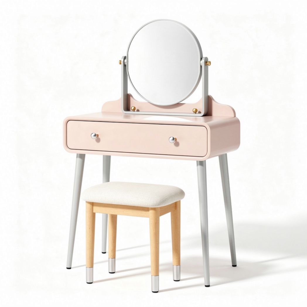 Pink vanity set with round mirror and wooden stool 60 x 40 x 130cm