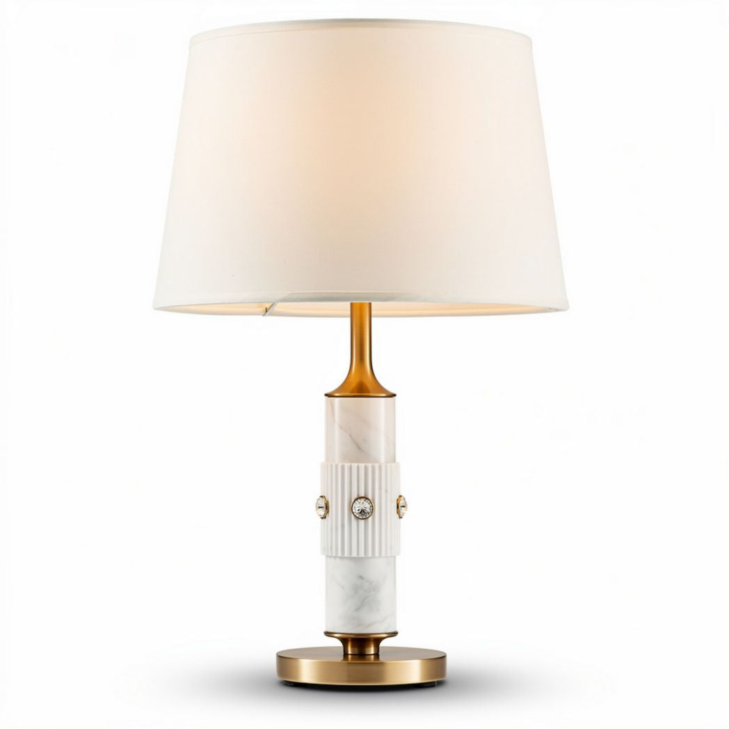 Marble table lamp with gold accents and fabric shade for home decor