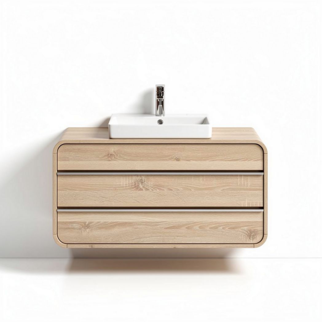 Wall-mounted bathroom vanity cabinet with sink in natural oak finish 80 x 50 x 30cm
