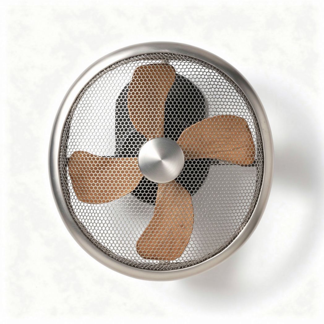 Vintage style table fan with metal mesh and wooden blades 30 x 30 x 15cm