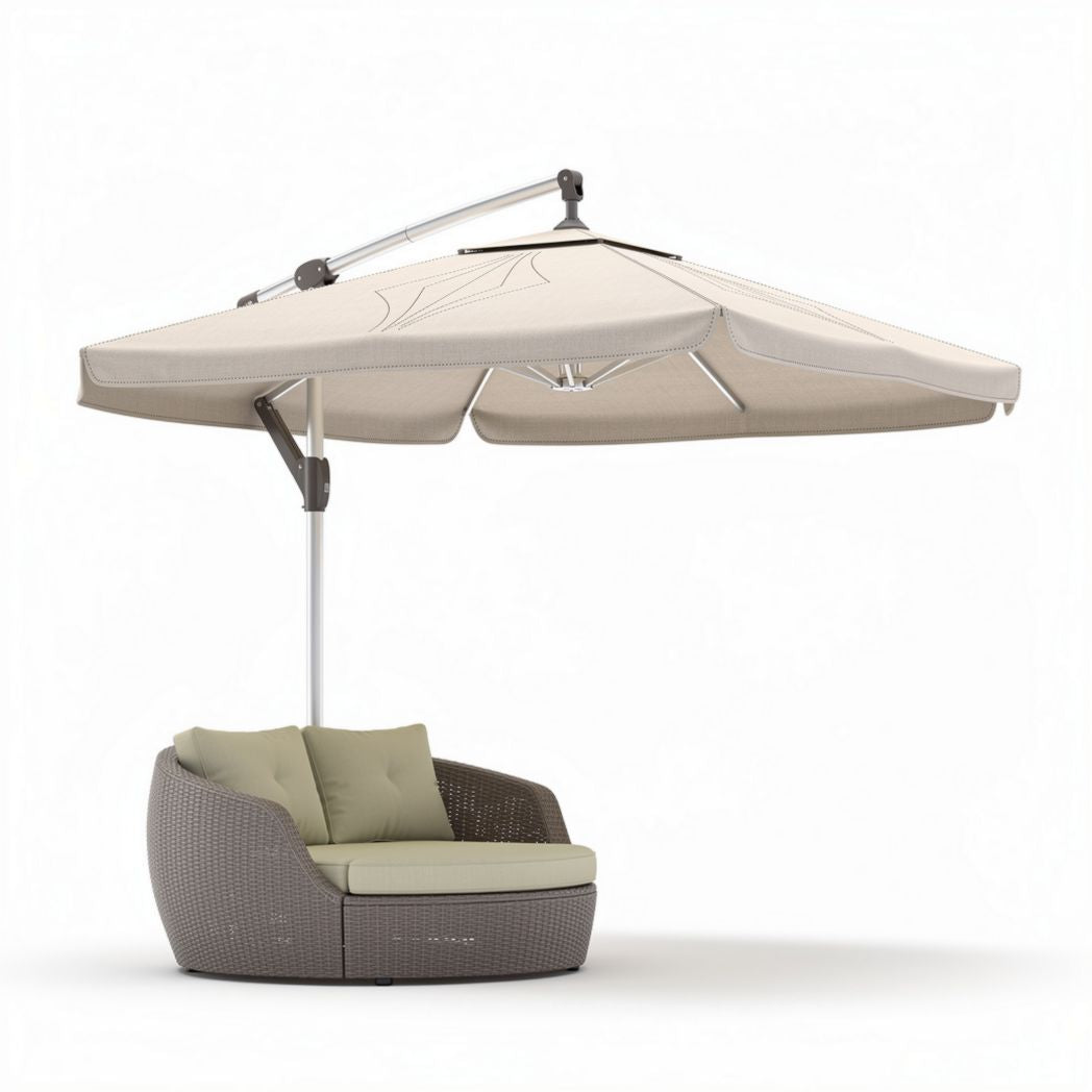 Outdoor patio lounge chair with adjustable umbrella in beige rattan 150 x 150 x 200cm